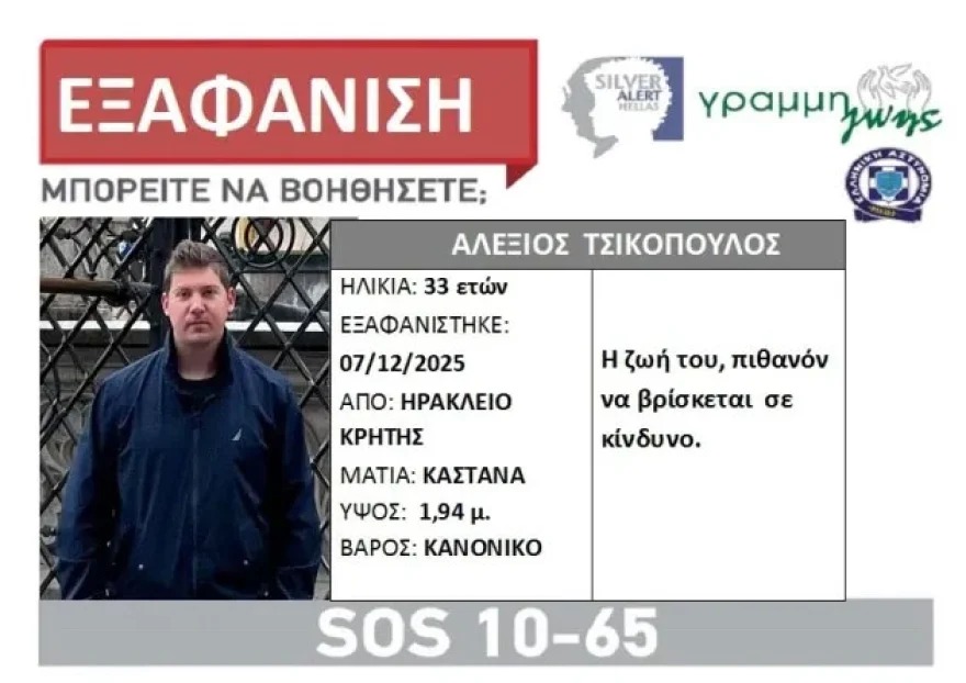 Ανησυχία για την εξαφάνιση του 33χρονου ειδικευόμενου γιατρού Αλέξη Τσικόπουλου